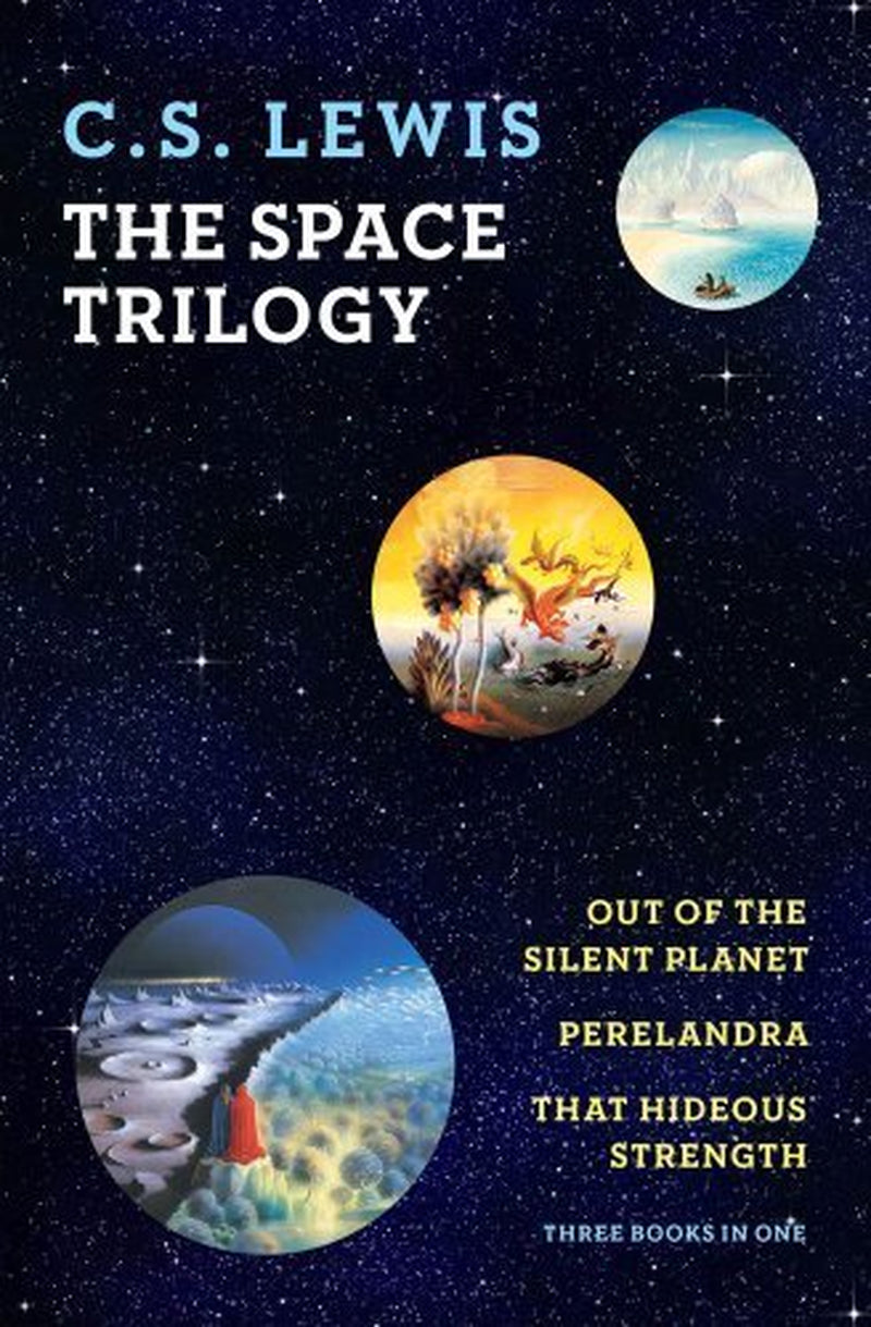 Book front cover of 'The Space Trilogy' by C.S, Lewis featuring a galaxy themed display.