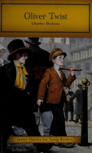 Book cover of 'Oliver Twist' by Charles Dickens with illustrations of characters on a yellow background.