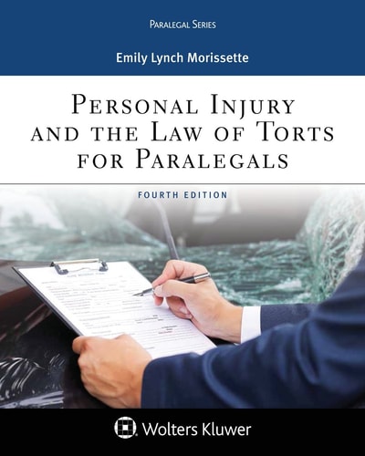 Book cover of 'Personal Injury and the Law of Torts for Paralegals' by Emily Lynch Morissette with a person writing on a clipboard.