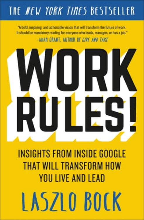 The cover of the book 'Work Rules!' by Laszlo Bock features bold, yellow text on a black background, highlighting the title and the author's name.