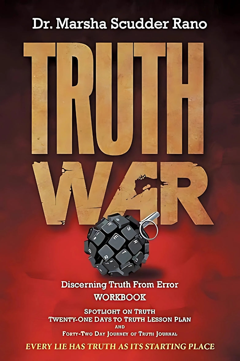 Cover of the book 'Truth War: Discerning Truth from Error Workbook' by Marsha Rano, featuring a black and red design with a metallic-looking key and the title text prominently displayed.