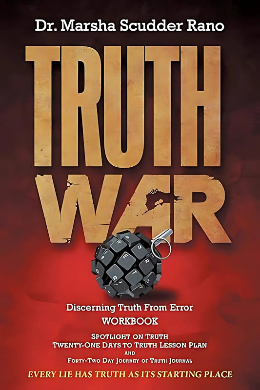 Cover of the book 'Truth War: Discerning Truth from Error Workbook' by Marsha Rano, featuring a black and red design with a metallic-looking key and the title text prominently displayed.