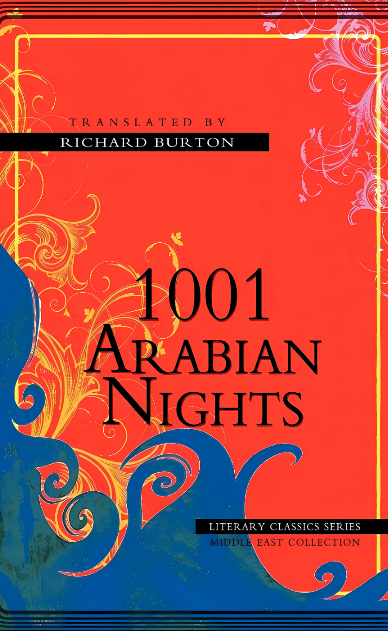 Cover of the book '1001 Arabian Nights' featuring a red background with blue and white ornamental designs, and text indicating it is translated by Richard Burton.