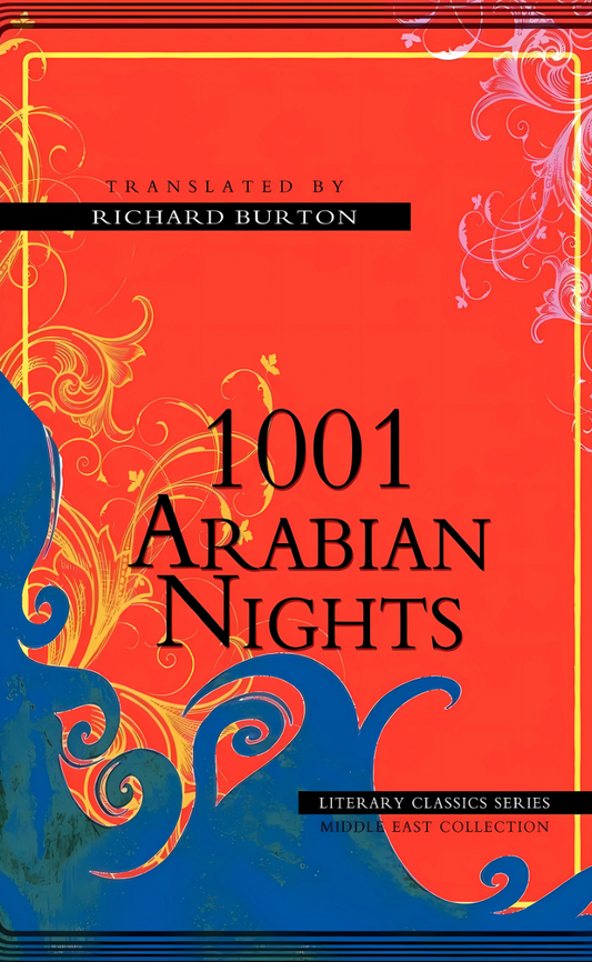 Cover of the book '1001 Arabian Nights' featuring a red background with blue and white ornamental designs, and text indicating it is translated by Richard Burton.