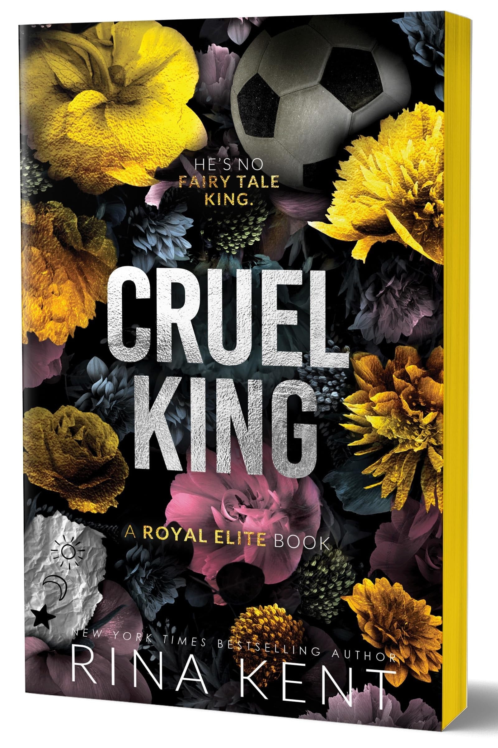 Book cover of 'Cruel King' by Rina Kent with floral design and soccer ball.