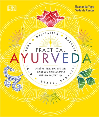 Book cover of 'Practical Ayurveda' with colorful text and symbols on a yellow background