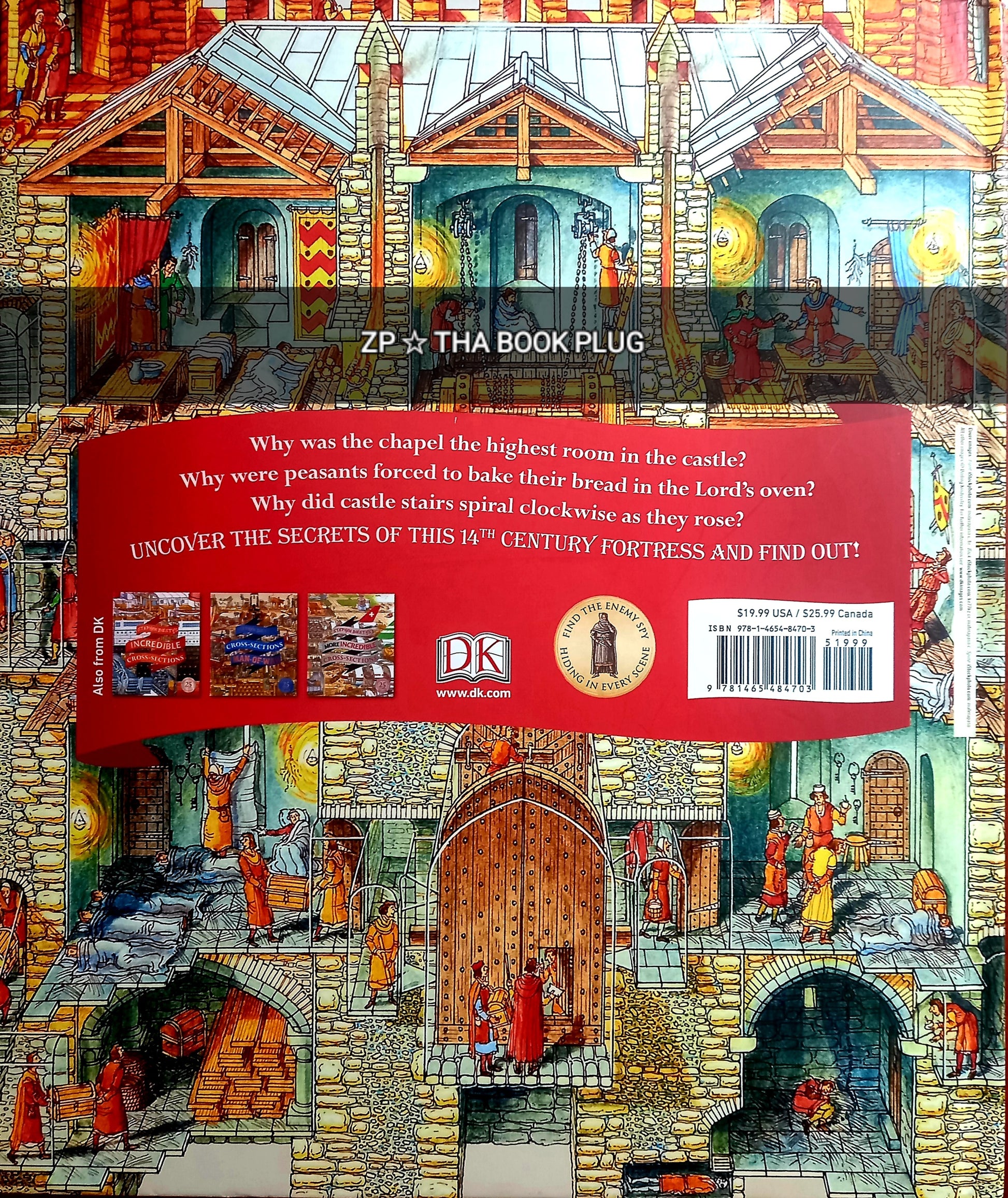 Back cover of book 'Cross-Sections Castle' with a colorful illustration of a castle interior and text.