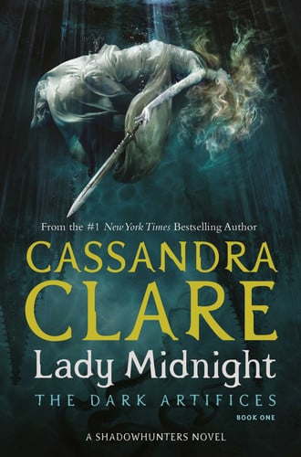 Book cover for 'Lady Midnight' by Cassandra Clare, featuring a ghostly figure in flowing white and gold fabric holding a sword underwater in a dark blue-green scene, with the title and author name in large text.