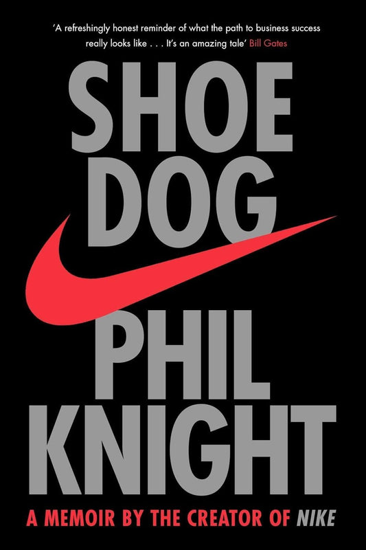 Cover of the book 'Shoe Dog: A Memoir by the Creator of Nike' by Phil Knight featuring a large Nike swoosh logo in white and red on a black background, with the author's name in white text below the logo.