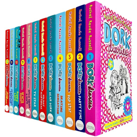 A collection of 'Dork Diaries' books by Rachel Renee Russell, featuring covers of various books in the series with colorful backgrounds and cartoon illustrations of the main character.