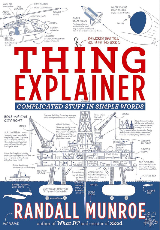 The cover of the book 'Thing Explainer: Complicated Stuff in Simple Words' by Randall Munroe, featuring a white background with illustrations and text.