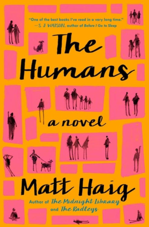 The cover of the novel 'The Humans: A Novel (ISBN: 9781476730592)' by Matt Haig features a yellow background with silhouettes of various characters in a grid pattern, representing the theme of the book.