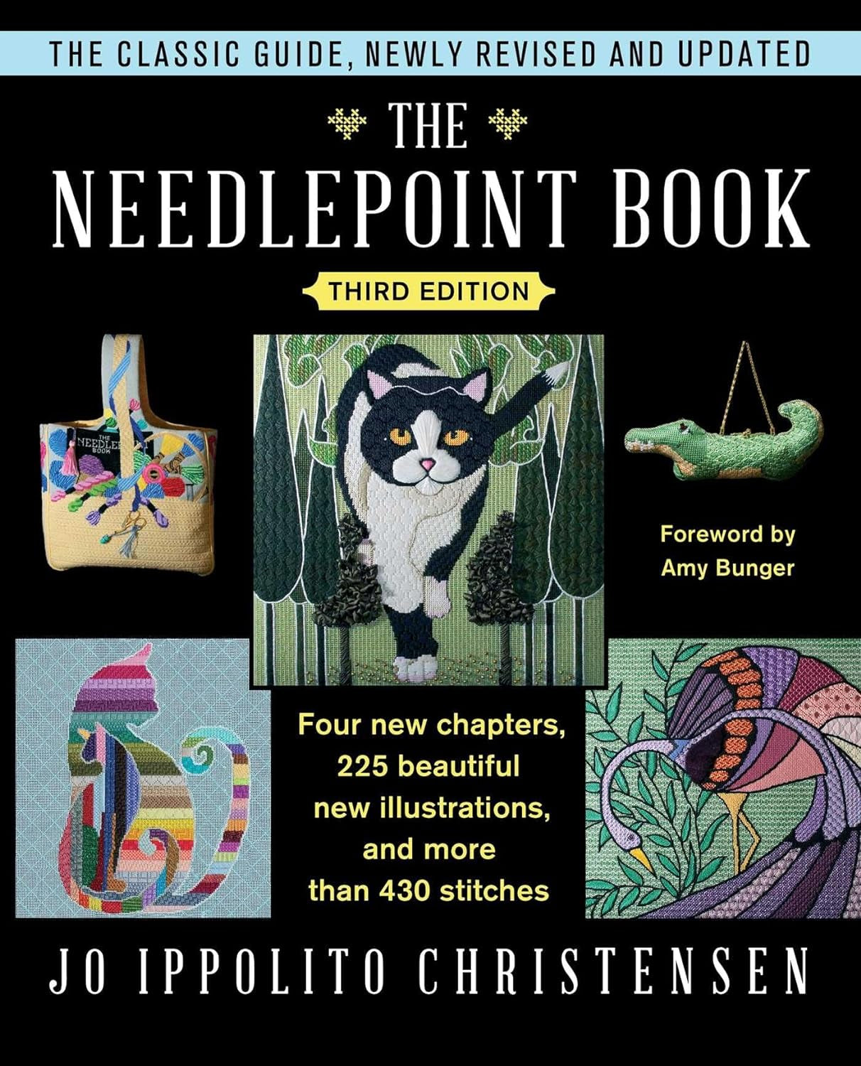 Cover of 'The Needlepoint Book: Revised and Updated New Edition [ISBN: 9781476754093]' by Jo Ippolito Christensen, featuring a painted canvas with a black cat and decorative elements.