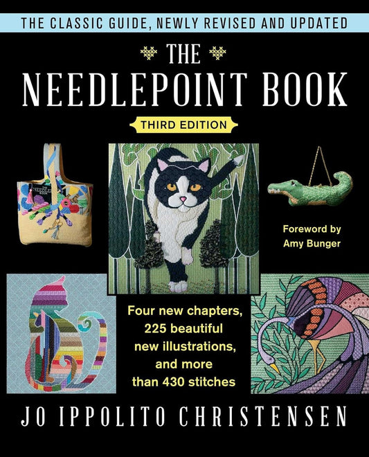 Cover of 'The Needlepoint Book: Revised and Updated New Edition [ISBN: 9781476754093]' by Jo Ippolito Christensen, featuring a painted canvas with a black cat and decorative elements.