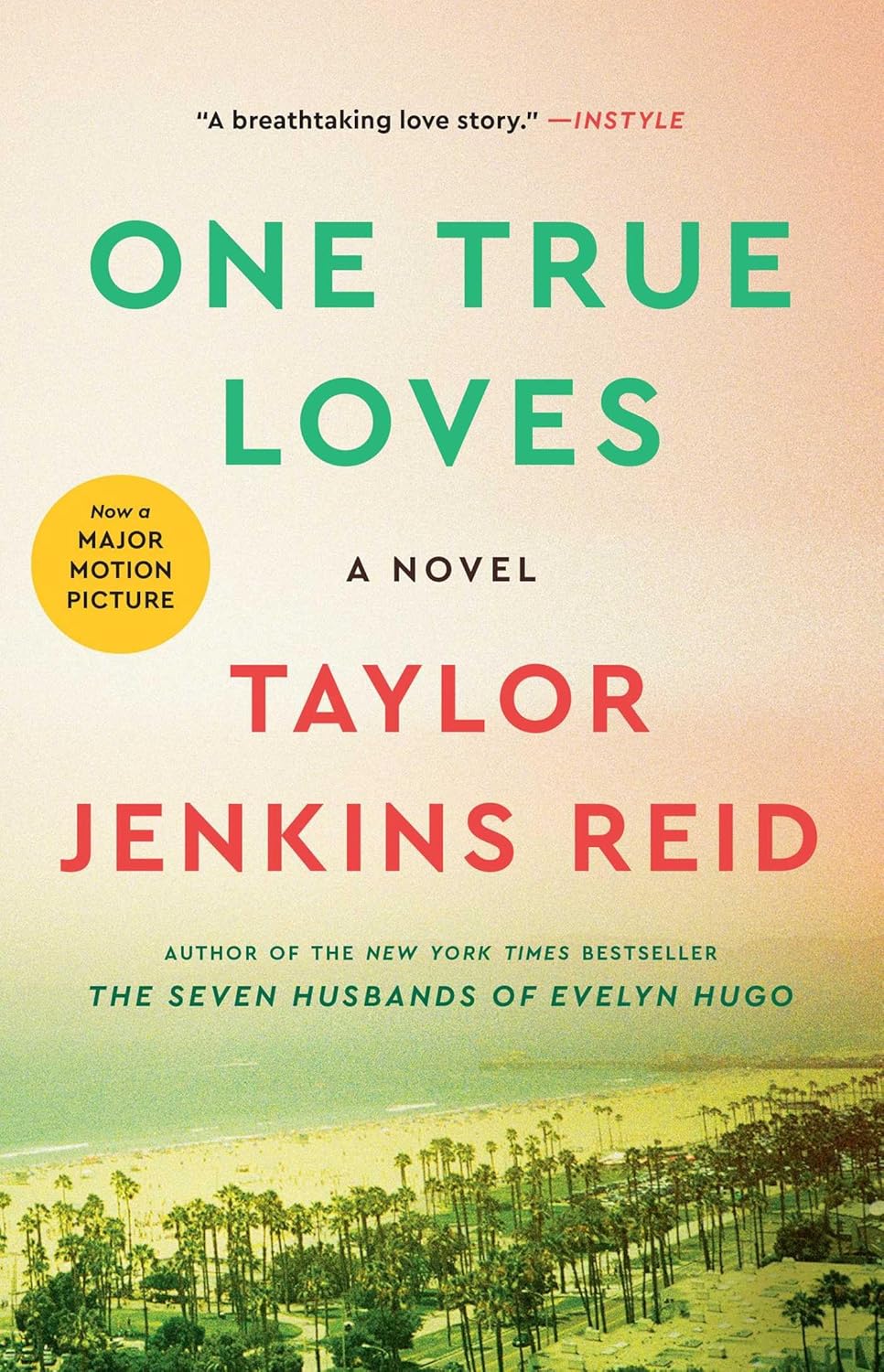 Book cover of 'One True Loves: A Novel' by Taylor Jenkins Reid with a scenic background.