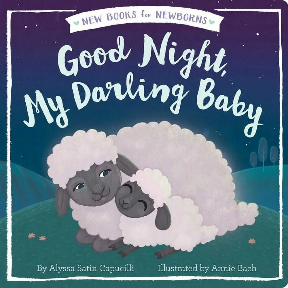 Cover of the board book 'Good Night, My Darling Baby' by Alyssa Satin Capucilli, illustrated by Annie Bach, featuring two gray and white sheep with a night sky background.