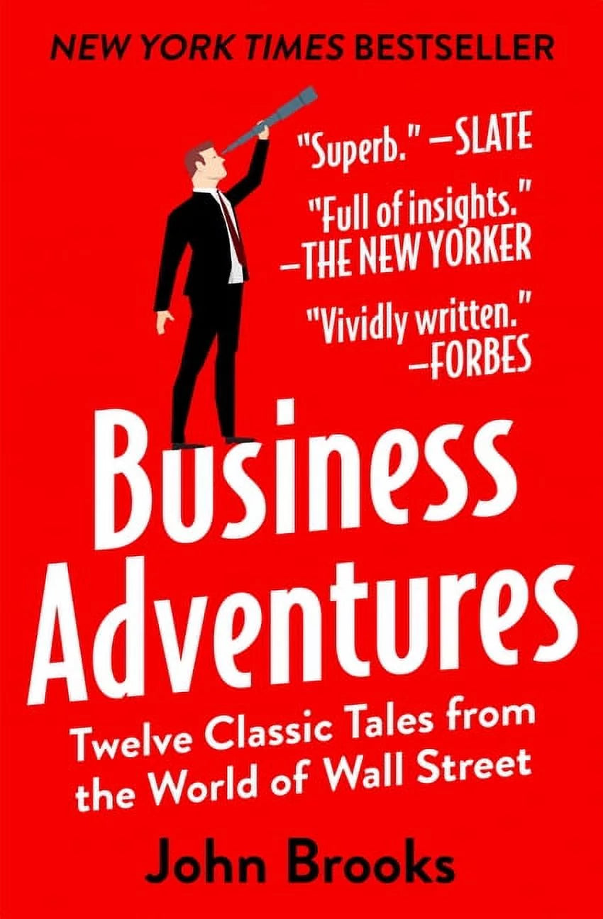 The cover of the book 'Business Adventures: Twelve Classic Tales from the World of Wall Street' by John Brooks features a graphic of a telescope, symbolizing the theme of time and enterprise.