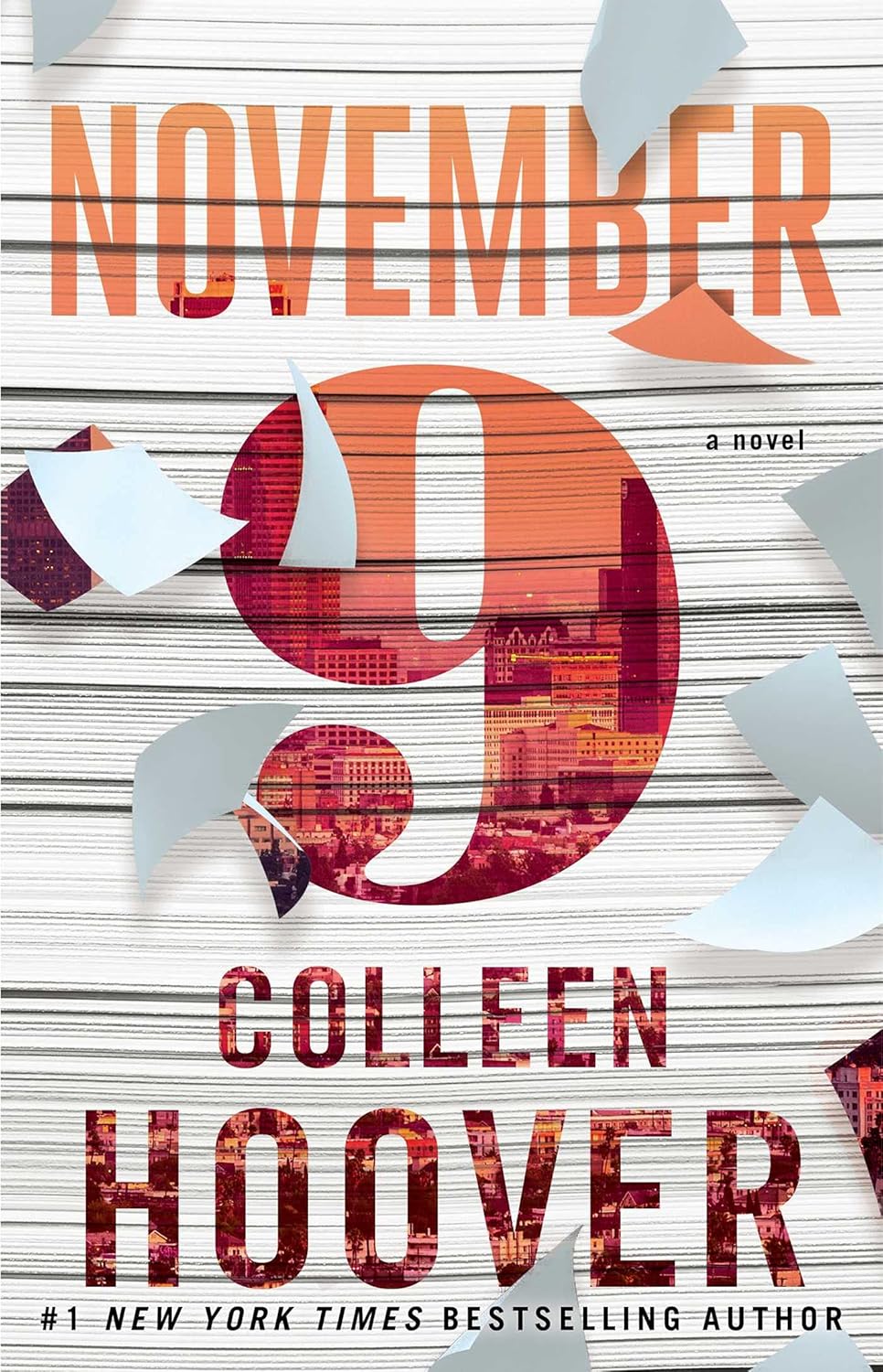 Book cover of 'November 9' by Colleen Hoover with a stylized number 9 and cityscape design.