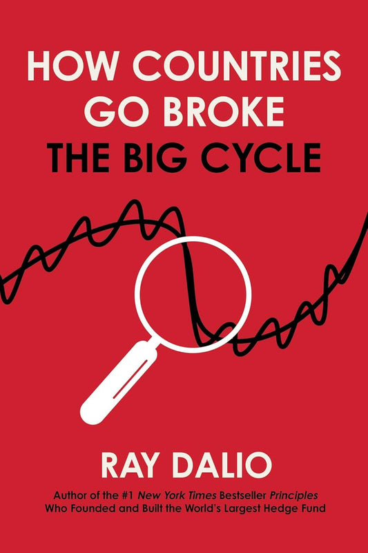 The cover of the book 'How Countries Go Broke' by Ray Dalio features a red background with a black line graph and a magnifying glass icon.