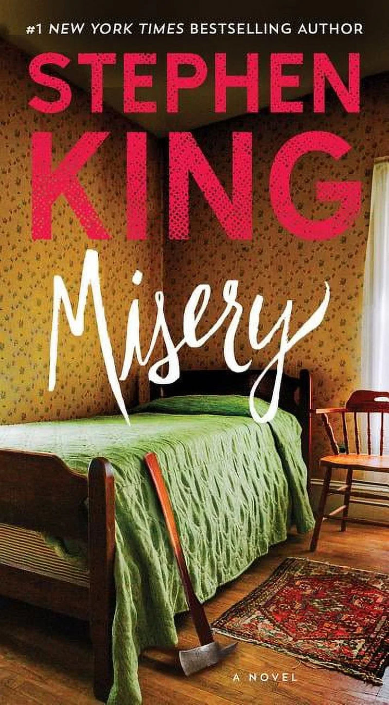 Cover of the book 'Misery' by Stephen King, featuring the title in large white font on a red background, with an image of a bedroom and a bed in the background.
