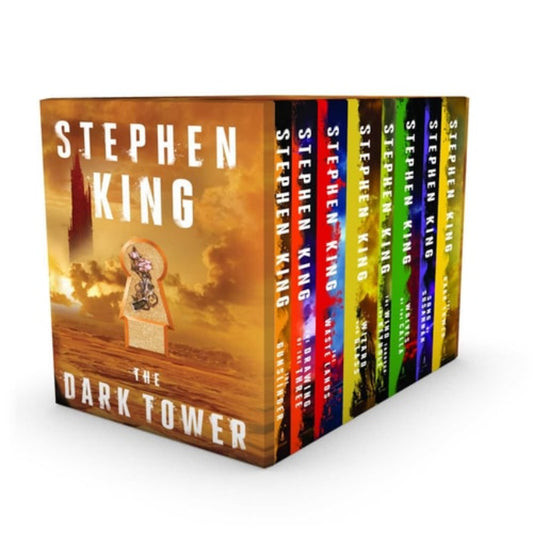 A boxed set of 'The Dark Tower' book series by Stephen King, featuring the first eight books with a uniform, vivid and exact packaging and cover design.