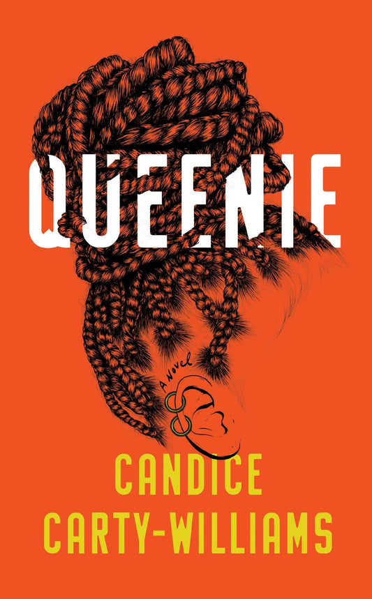 Book cover for 'Queenie' by Candice Carty-Williams, featuring a stylized black and orange illustration of braided hair on a bright orange background, with the title in large white letters and the author name in yellow.