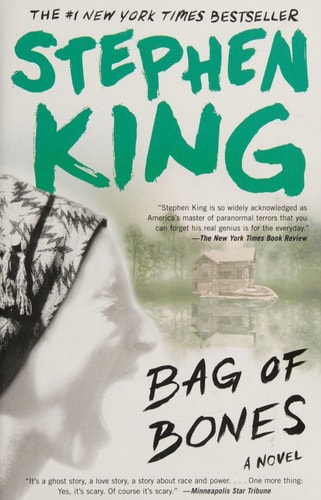 Book cover of 'Bag of Bones' by Stephen King with a snowy landscape and wooden structure.