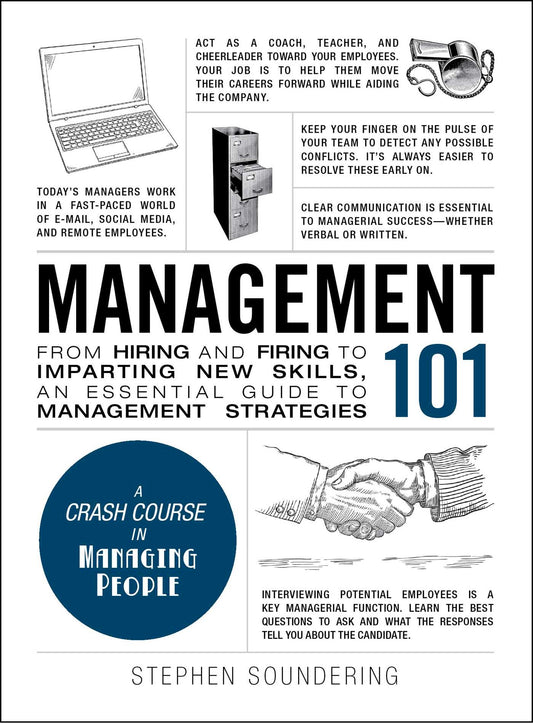 Book cover for 'Management 101' by Stephen Soundering featuring an image of a laptop, paper documents, and a pencil.