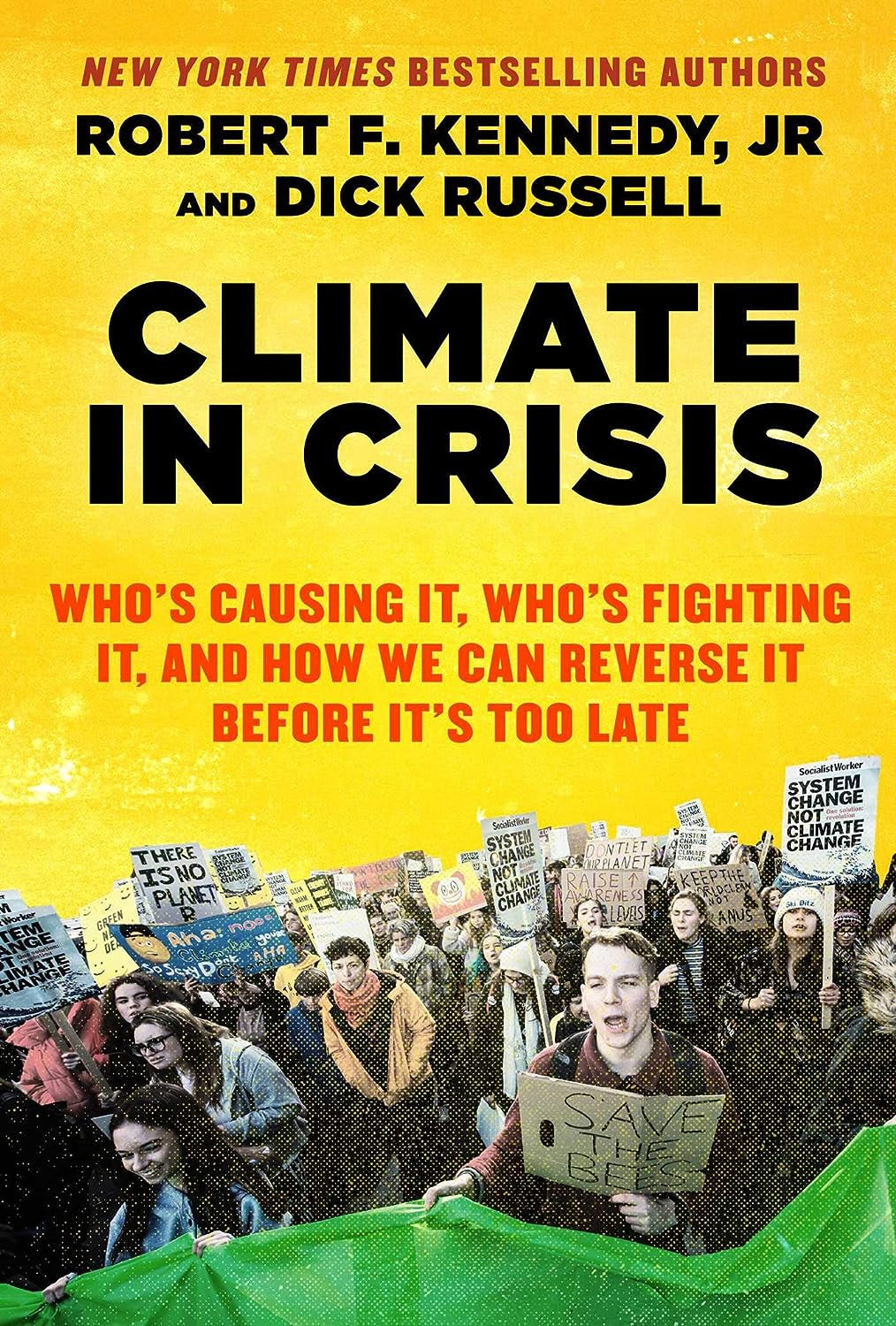 Book cover of 'Climate in Crisis' featuring a crowd of people with signs and a speaker addressing them, emphasizing the environmental theme of the book.