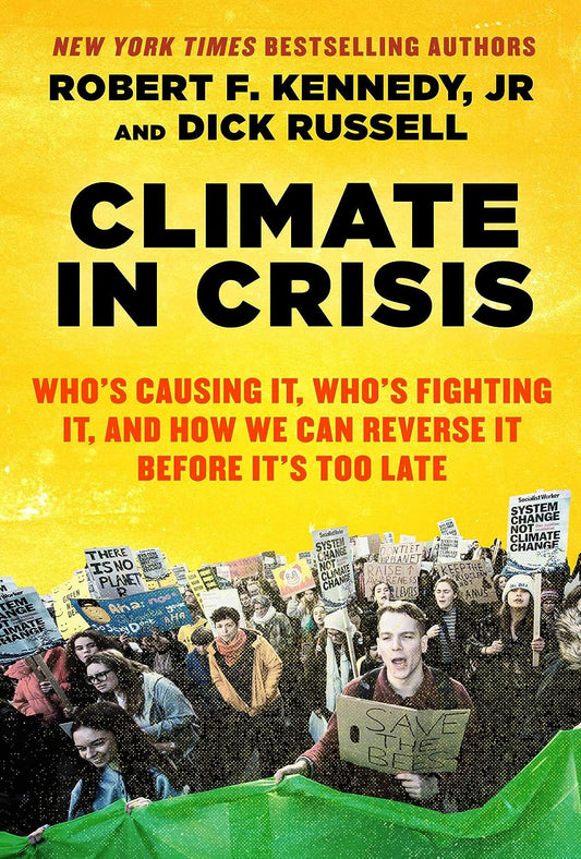 Book cover of 'Climate in Crisis' featuring a crowd of people with signs and a speaker addressing them, emphasizing the environmental theme of the book.
