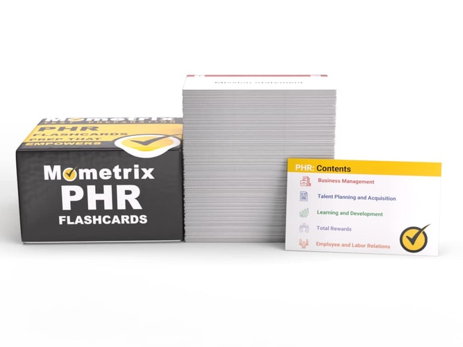 A stack of Mometrix PHR Flashcards next to its packaging, which includes a yellow and black box with brand and product information.