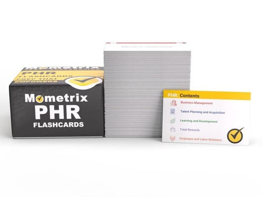 A stack of Mometrix PHR Flashcards next to its packaging, which includes a yellow and black box with brand and product information.
