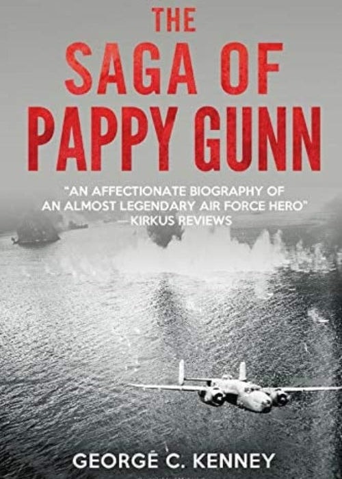 Book cover of 'The Saga of Pappy Gunn' featuring an image of a vintage airplane in flight.