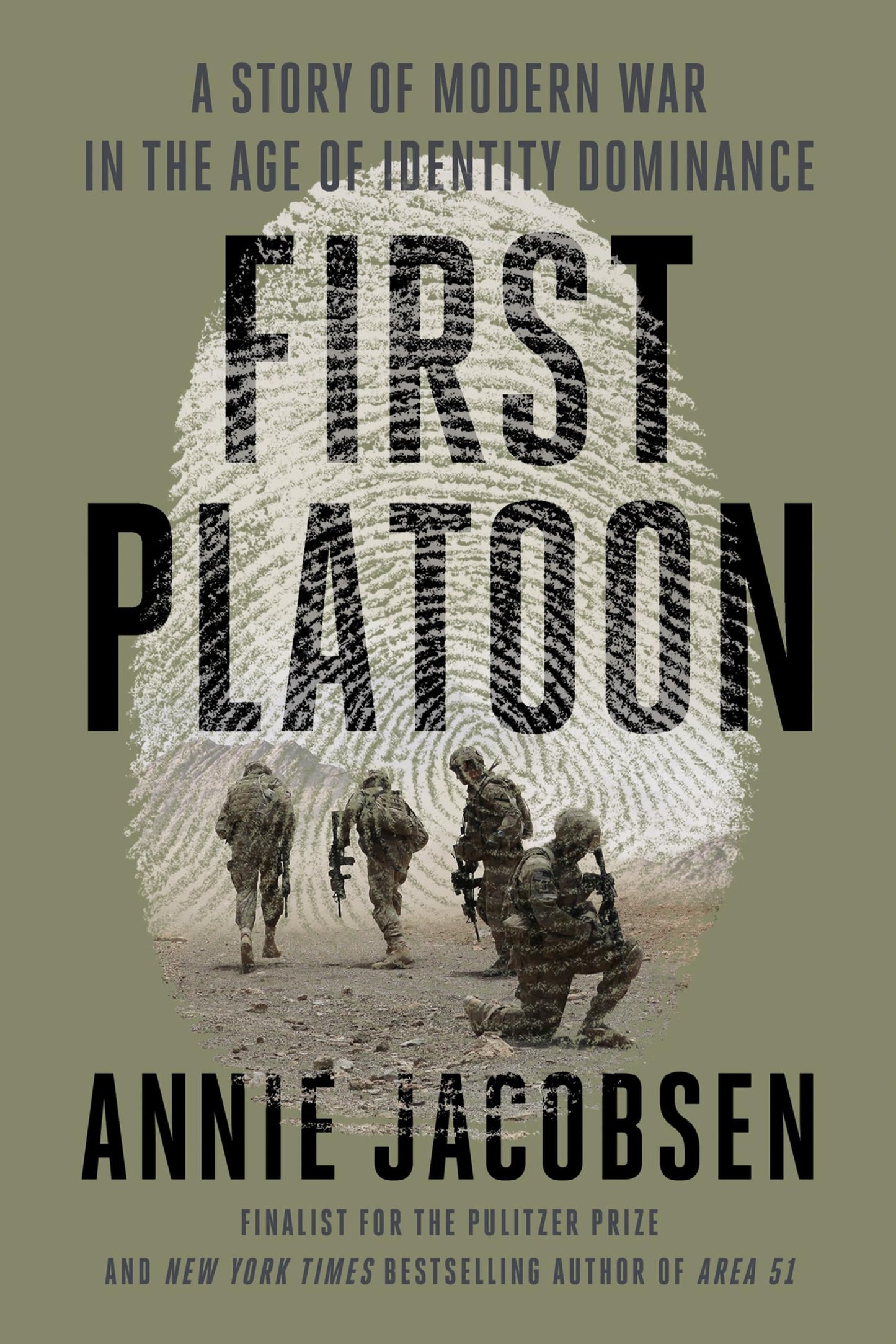 Book cover of 'First Platoon' by Annie Jacobsen with soldiers and a cloud-like design.