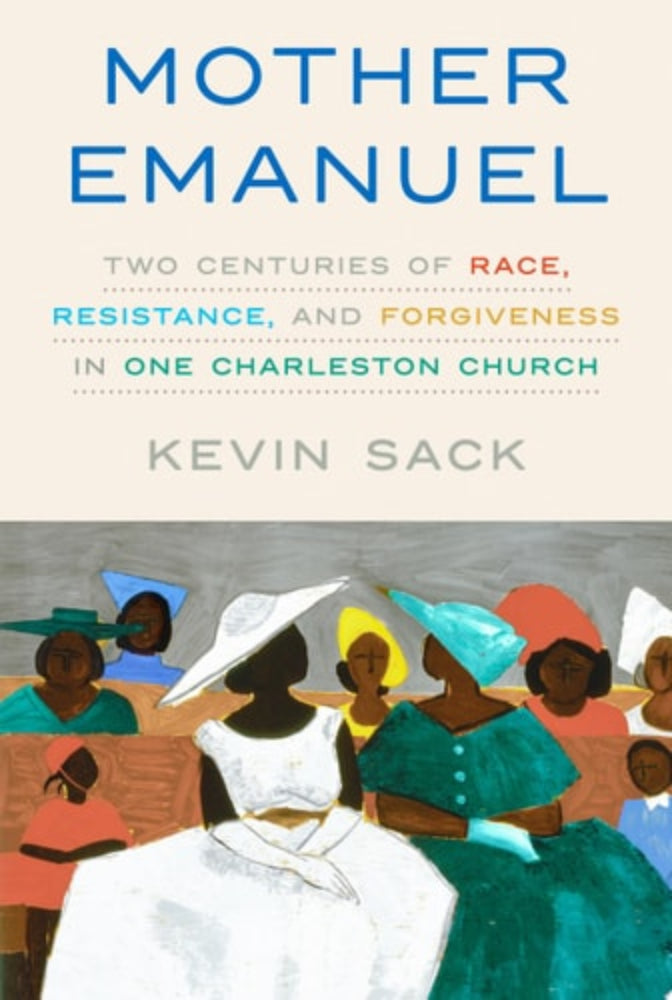 Book cover of 'Mother Emanuel' by Kevin Sack with a title and author's name, featuring an illustration of people in a church.