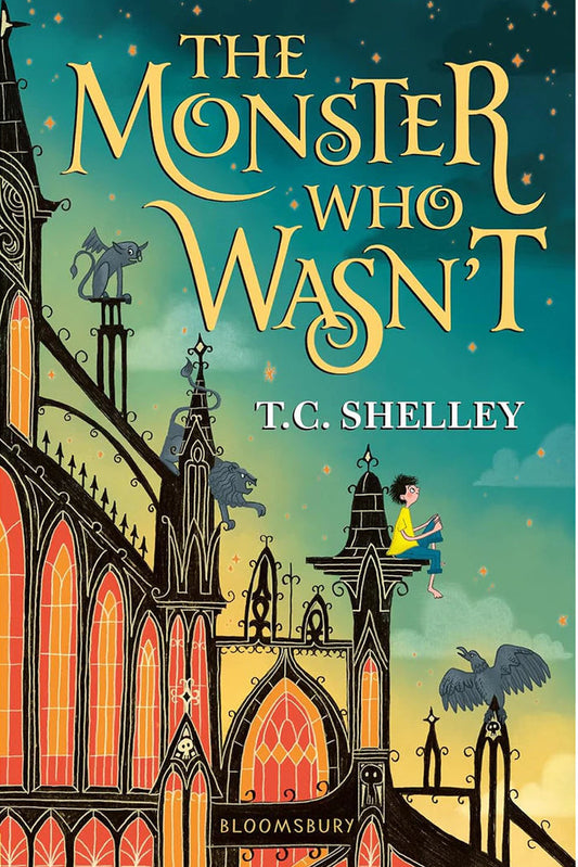 Book cover for 'The Monster Who Wasn't' by T.C. Shelley, featuring an illustration of building and someone sitting on the ledge with a crow.