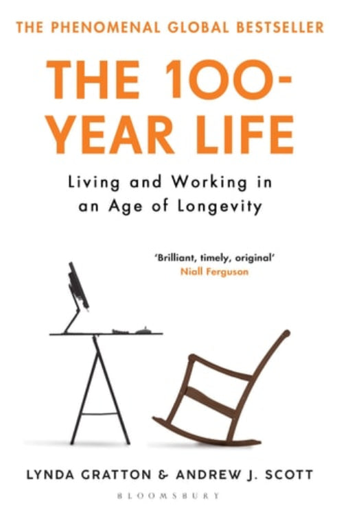 The cover of the book 'The 100-Year Life: Living and Working in an Age of Longevity' by Lynda Gratton & Andrew J. Scott, featuring the title text and an illustration of a person with a paintbrush, indicating creativity or perhaps a lifespan focused on learning and contributing.