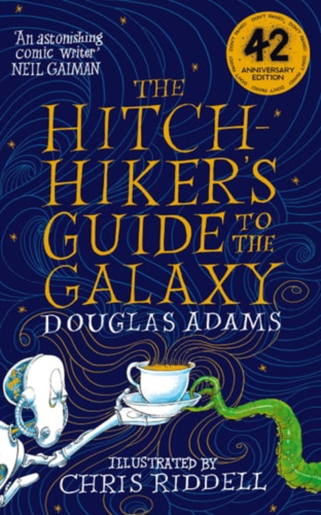 Cover of 'The Hitchhiker's Guide to the Galaxy: Illustrated Edition' featuring illustrations by Chris Riddell. The cover shows a white towel with the text 'DON'T PANIC' and other whimsical elements.