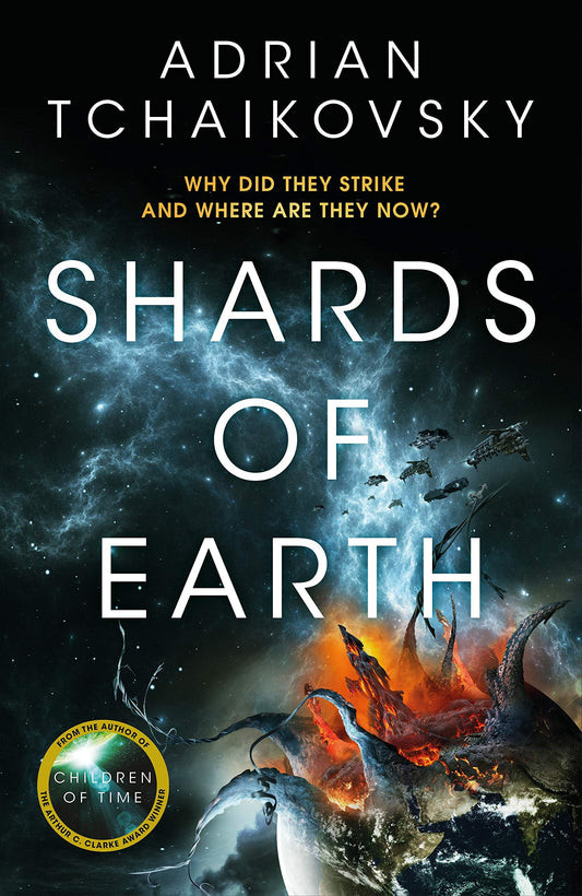 Book cover of 'Shards of Earth' by Adrian Tchaikovsky with a cosmic background and fiery elements.