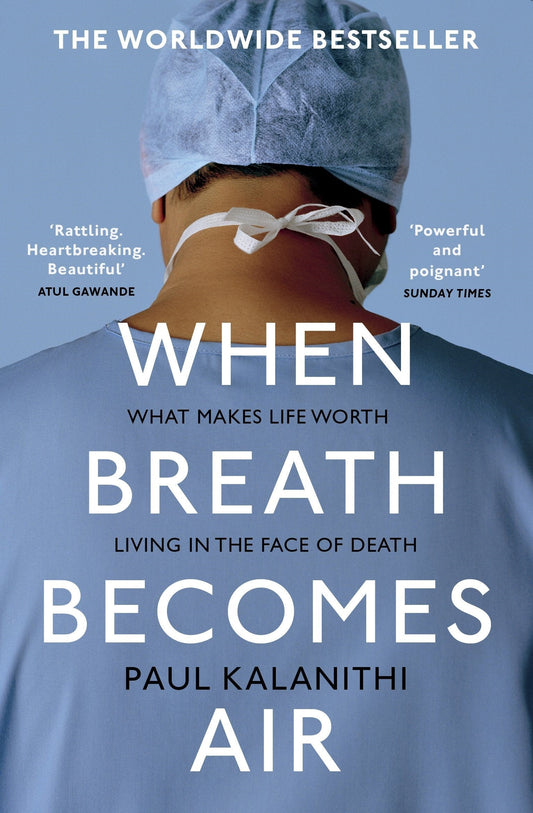 This image features the cover of "When Breath Becomes Air" by Paul Kalanithi. The cover design is simple yet powerful, displaying a photograph of Kalanithi in his surgeon's garb, with a focus on the intricate and serious expression on his face.
