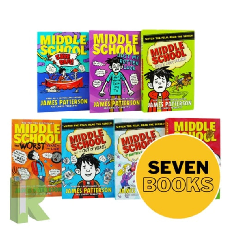 Set of seven 'Middle School' books by James Patterson on a white background