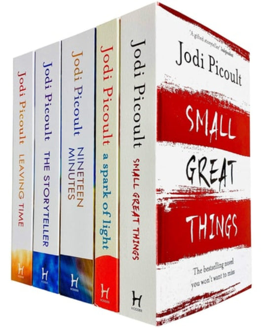 A set of five trade paperbacks by Jodi Picoult, titled 'Small Great Things', 'The Storyteller', 'Nineteen Minutes', 'Leaving Time', and 'A Spark of Light'.