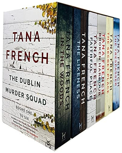 Collection of books by Tana French with a white background