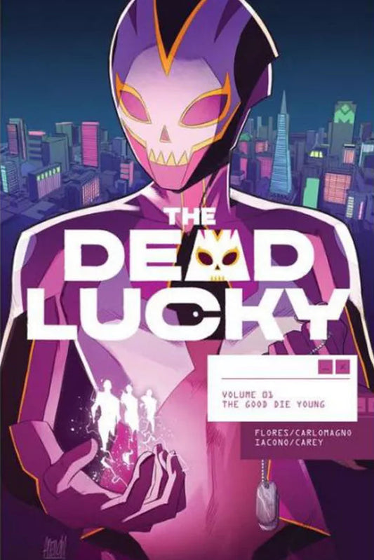 Cover of 'The Dead Lucky' graphic novel featuring a stylized illustration of a character in a cityscape at night.