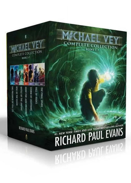 Complete book boxed set of 'Michael Vey books' by Richard Paul Evans, shown at angle, with a green and dark design, featuring an image of a character with electric powers.