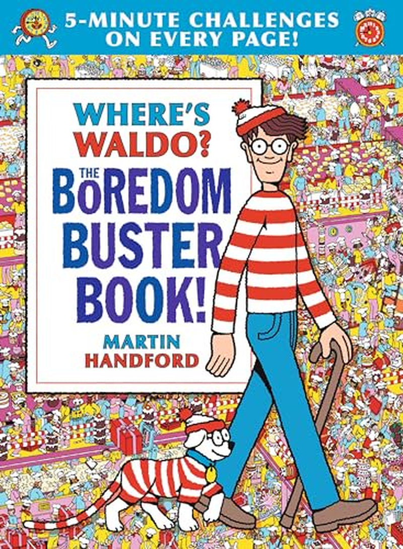 Book front cover of "Where's Waldo? The Boredom Buster Book (5-Minute Challenges On Every Page)" With Waldo walking with his dog and a 'Where's Waldo' Puzzle in the background and book information text overlay.