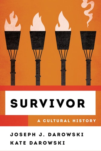 Book cover of 'Survivor: A Cultural History' with torches and title on an orange background