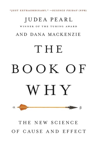 Book cover of 'The Book of Why' by Judea Pearl and Dana Mackenzie on a white background.