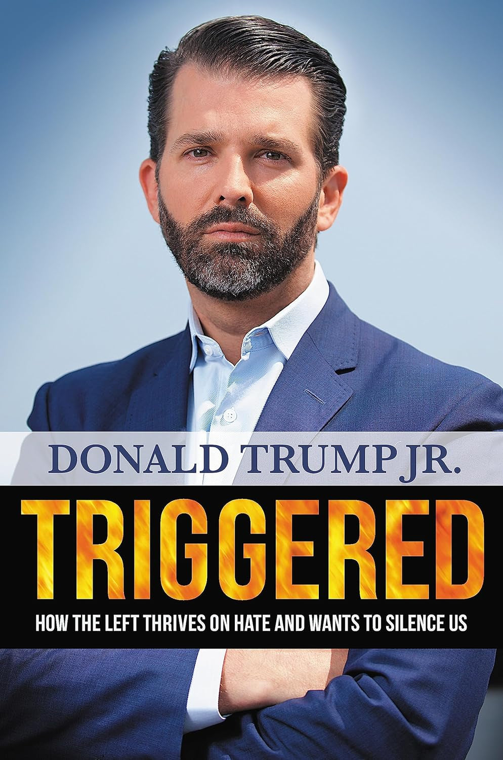 Book cover of 'Triggered' by Donald Trump Jr. featuring a photo of the author with a background that is partly blue and has the title and subtitle text.