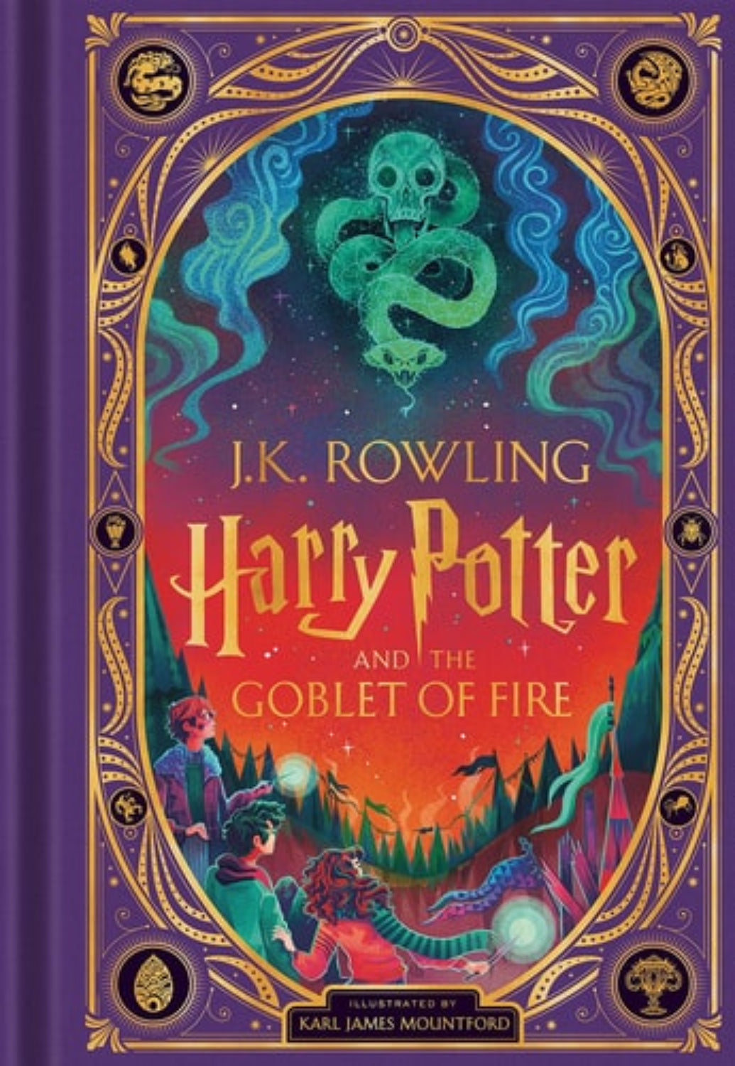 Book cover of 'Harry Potter and the Goblet of Fire' J.K. Rowling with colorful design and characters.